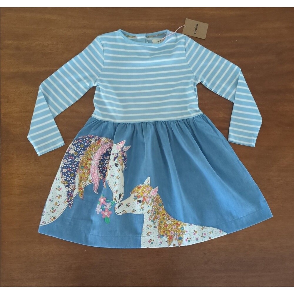 Mini Boden Girls Appliqué Long Sleeve Dress Chambray Blue Horses size 5/6 NWT